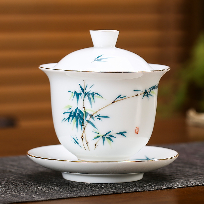 Hand-Painted Blue and White Gaiwan with Gold Accents 38